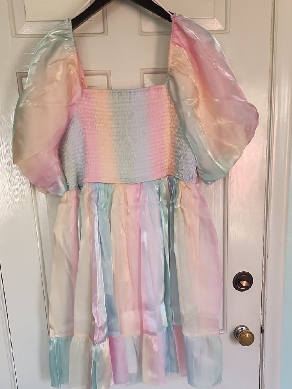 Never Worn Pastel Rainbow Midi Dress with Puff Sleeves - Picture 5 of 6